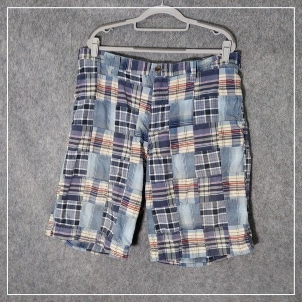 Old Navy Shorts Men 36 Blue Patchwork Plaid Flat Front Cotton Y2K Coastal Preppy